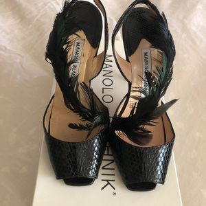 Manolo Blahnik Watersnake/Feather Sandal